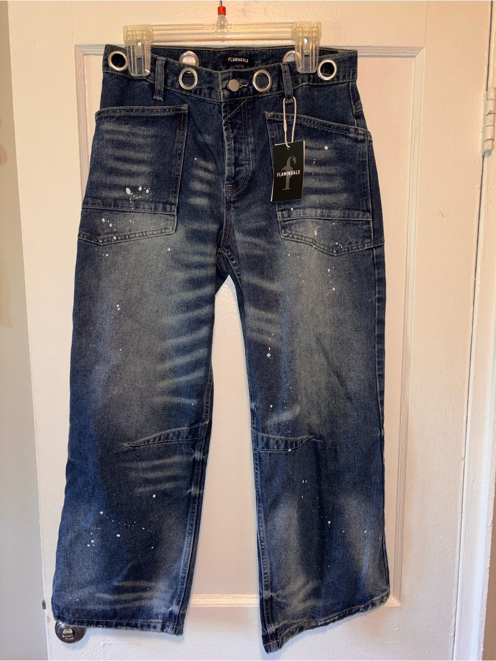 NEW Flamingals Wide Leg Jeans Splatter Grunge Punk Streetwear Grommet Medium